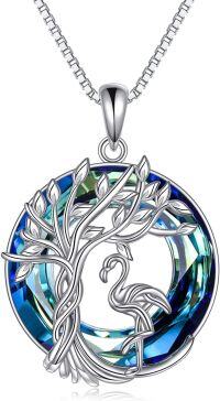 wholesale 925 Sterling Silver Flamingo Tree of Life Blue Crystal Pendant Necklace-1-Crystal-Flamingo