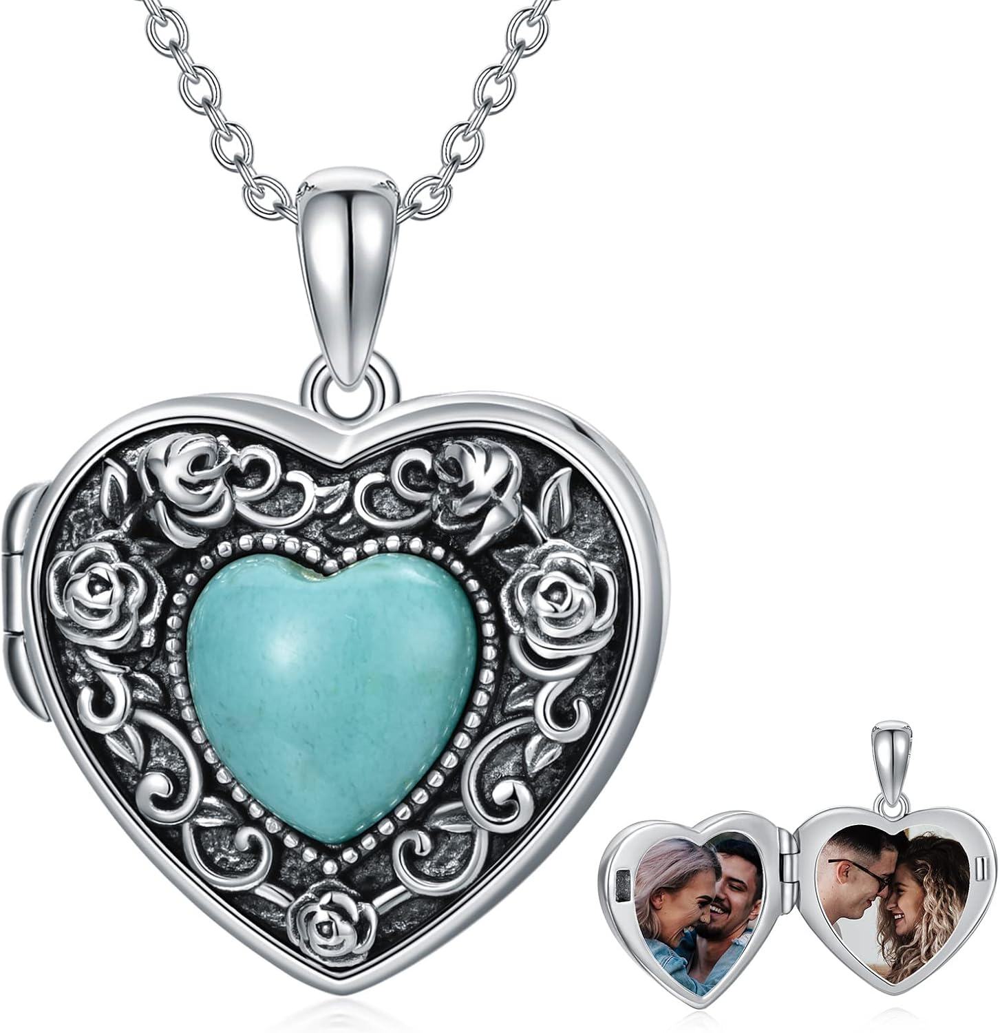 Sterling Silver Turquoise Heart Locket Necklace for Women Grandma-0-1