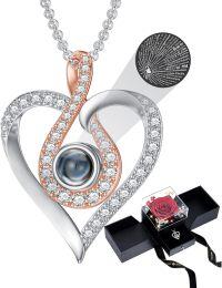 wholesale 18K White Gold Plated Silver & Moissanite 100 Languages I Love You Projection Heart Infinity Necklace with Rose Gift-C-Preserved Red Real Rose