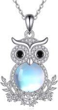 wholesale 925 Sterling Silver Moonstone Owl Pendant Necklace with Cubic Zirconia Accents and Leaf Design-0-0