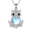 wholesale 925 Sterling Silver Moonstone Owl Pendant Necklace with Cubic Zirconia Accents and Leaf Design-0-0