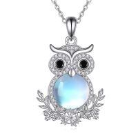 wholesale 925 Sterling Silver Moonstone Owl Pendant Necklace with Cubic Zirconia Accents and Leaf Design-Owl Necklace
