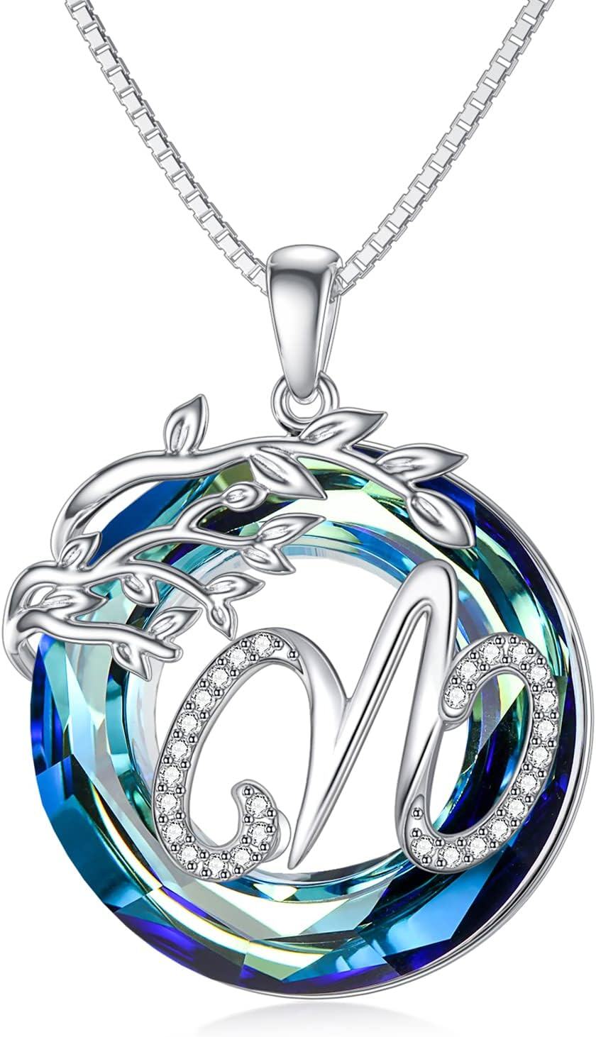 Sterling Silver Blue Crystal Tree of Life A Z Letter Pendant Necklace-Alphabet W