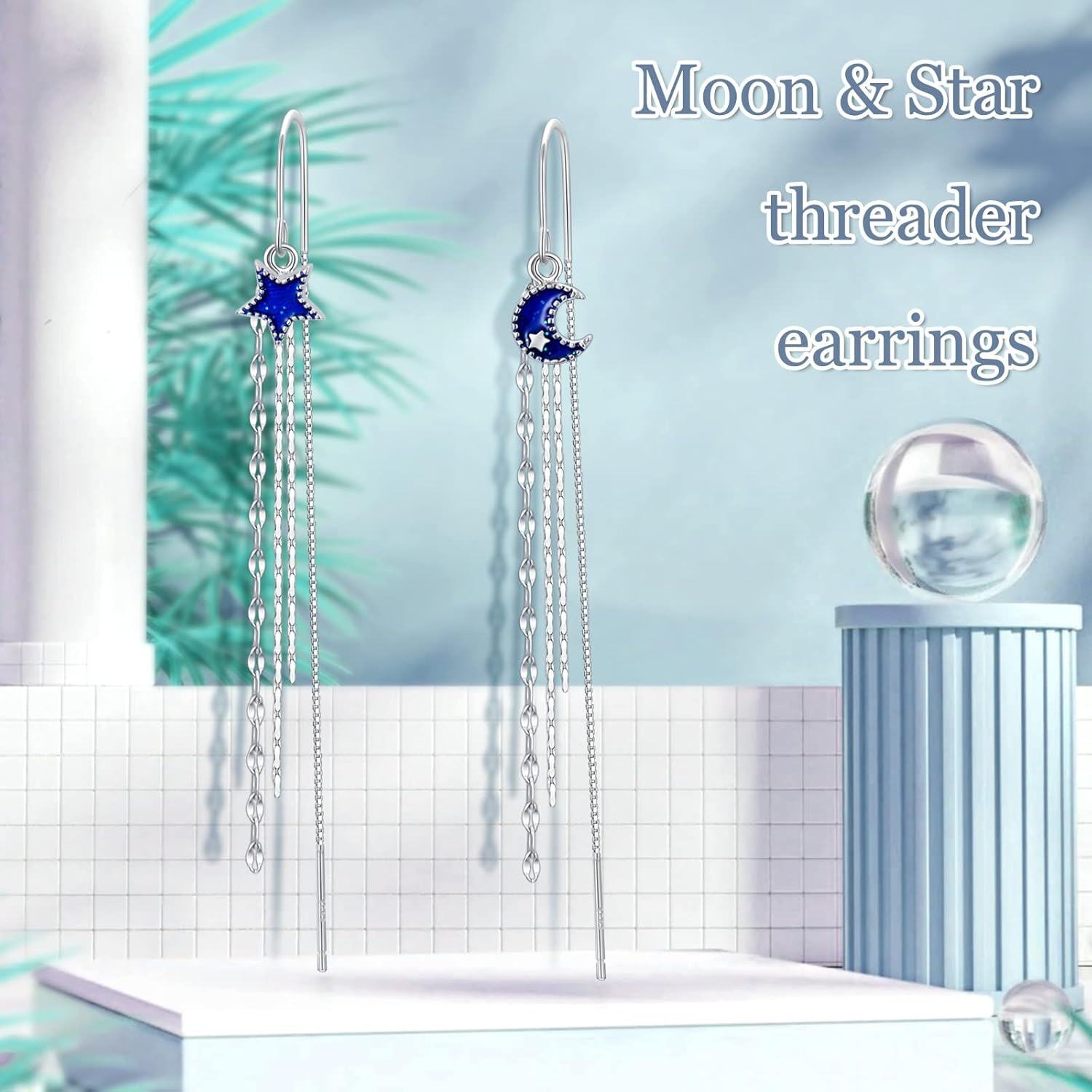 925 Sterling Silver Moon Star Threader Earrings w/ Tassel Chain for Women & Teens - Hypoallergenic-0-6