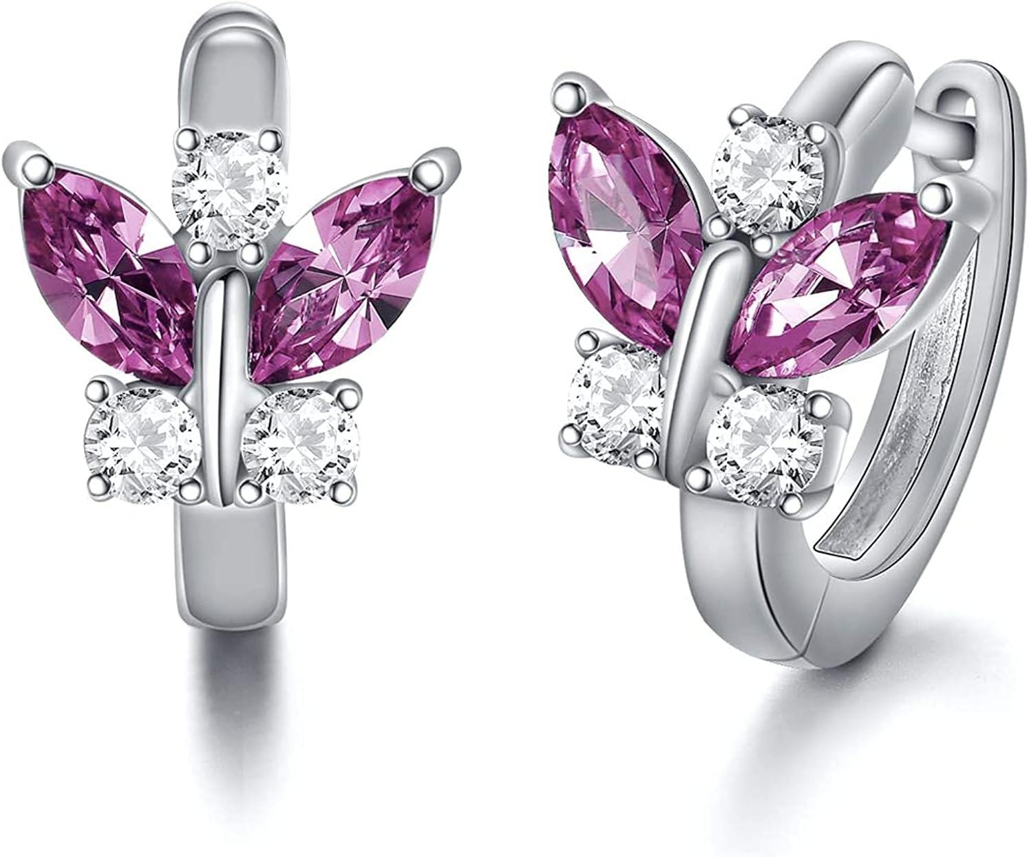 Sterling Silver Austrian Simulated Aquamarine Butterfly Hoop Earrings Hypoallergenic Gift for Women-PURPLE