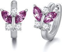 wholesale Sterling Silver Austrian Simulated Aquamarine Butterfly Hoop Earrings Hypoallergenic Gift for Women-PURPLE