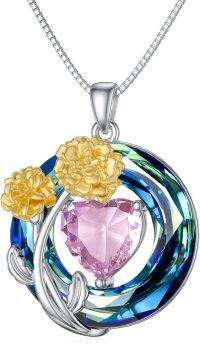 wholesale 925 Sterling Silver Blue Crystal Birthstone Flower Pendant Necklace for Women-10-October-Marigold