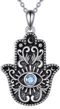wholesale 925 Sterling Silver Evil Eye Hamsa Hand Pendant Necklace with Blue Crystal and Moon Design-0-0