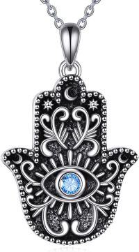 wholesale 925 Sterling Silver Evil Eye Hamsa Hand Pendant Necklace with Blue Crystal and Moon Design-Hamsa Hand