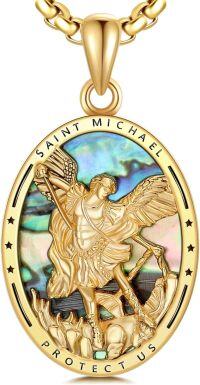 wholesale 925 Sterling Silver Oval Shape Abalone Shell Saint Michael Pendant Necklace  for Men's Religious Gifts-Michael