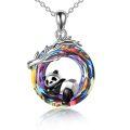 wholesale 925 Sterling Silver Rainbow Crystal Panda on the Moon Pendant Necklace-0-0