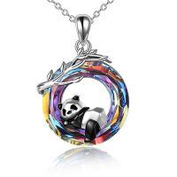 wholesale 925 Sterling Silver Rainbow Crystal Panda on the Moon Pendant Necklace-colorful crystal