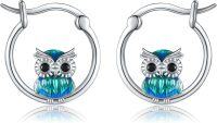 wholesale 925 Sterling Silver Owl Hoop Earrings with Enamel and Black CZ Eyes for Women Girls Gift Idea-Owl
