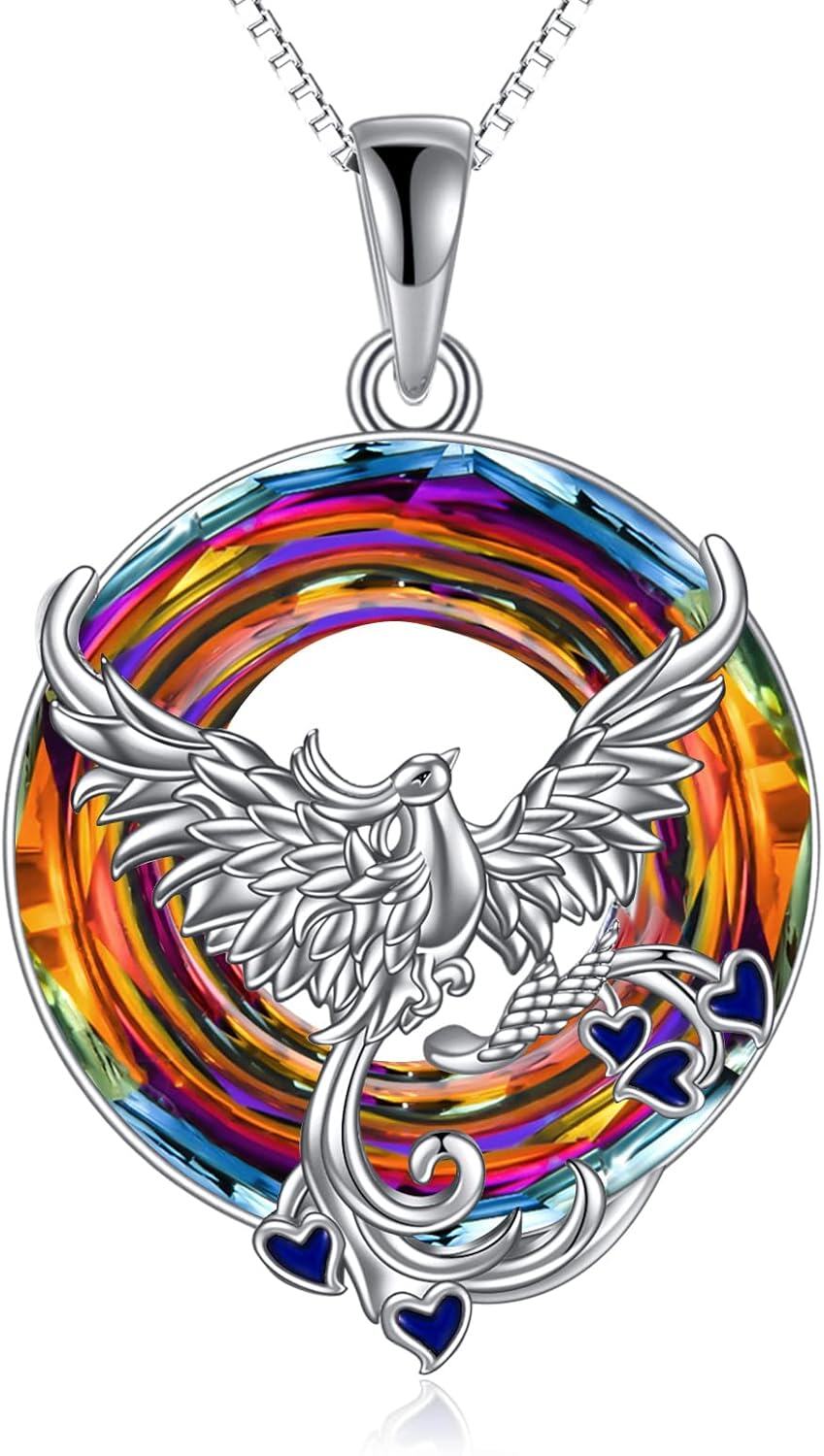 Sterling Silver Gemstone Phoenix Penguin Wolf Fox Highland Cow Hummingbird Frog Sea Turtle Necklace for Women-Phoenix-Volcanic Crystal