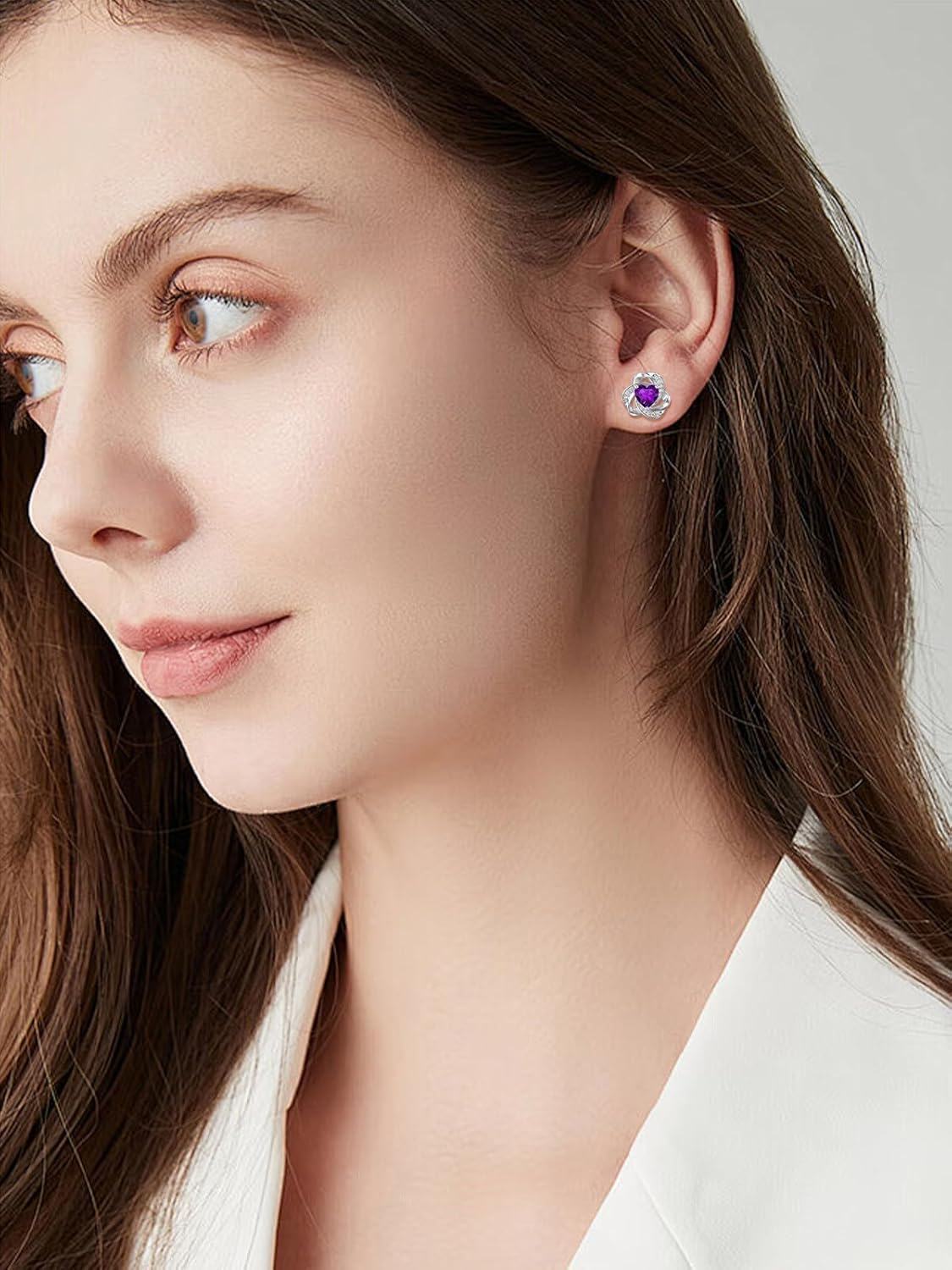 wholesale 925 Sterling Silver Love Knot Stud Earrings with Purple Heart Birthstone s for Women-0-1