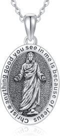 wholesale 925 Sterling Silver Oval Jesus Christ Religious Medal Necklace with Chain 3D Engraved Pendant Jewelry for Women Men Gift (Silver)-0-0