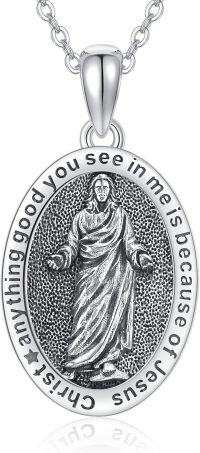 wholesale 925 Sterling Silver Oval Jesus Christ Religious Medal Necklace with Chain 3D Engraved Pendant Jewelry for Women Men Gift (Silver)-Jesus
