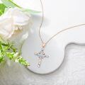 wholesale Rose Gold 925 Sterling Silver Lab-Grown Cubic Zirconia and Blue Fire Opal Cross Pendant Necklace for Women-0-2