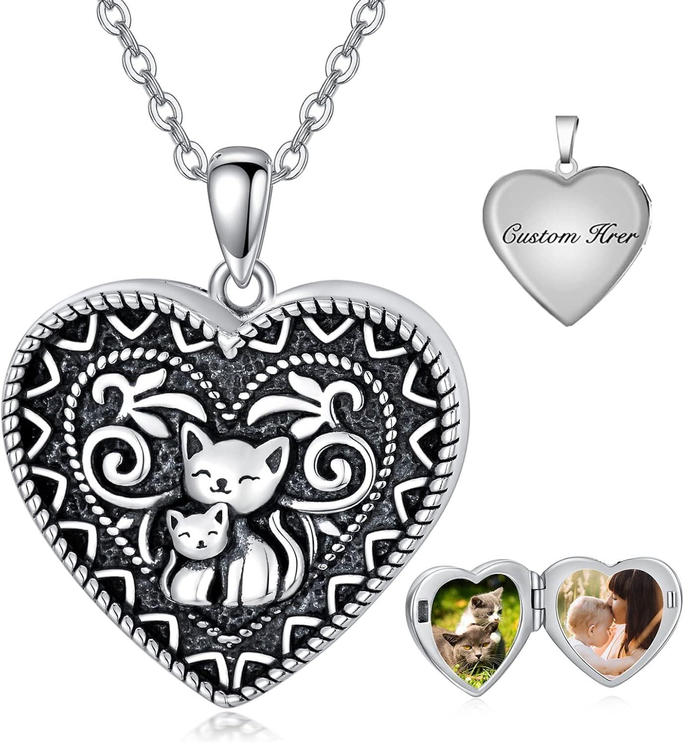 Sterling Silver Abalone Shell Daughter Locket Necklace Gift from Mom Dad-11-Cat Locket+ Photo-11-Cat Locket+ Photo+Text