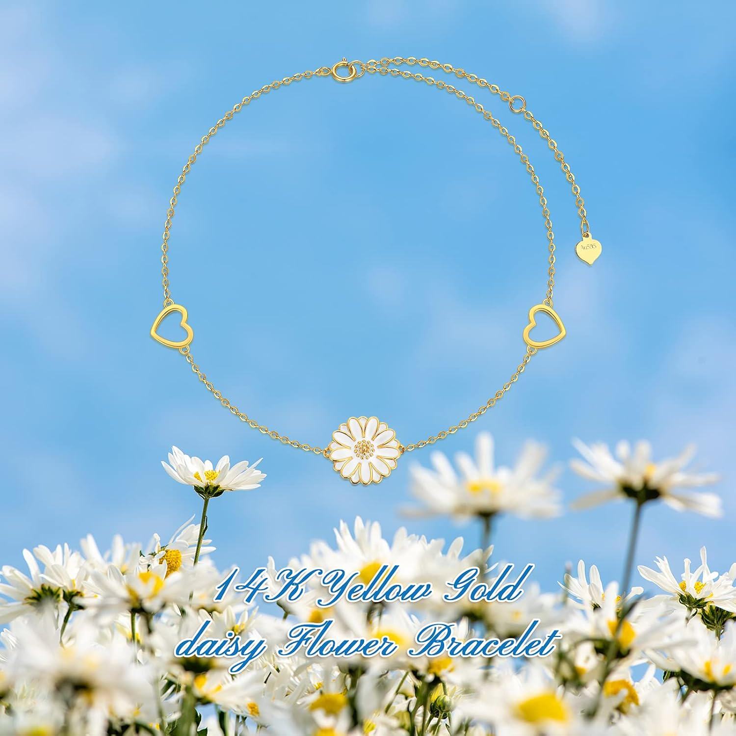 wholesale 14K Gold Daisy Flower and Hearts Charm Ankle Bracelet for Women-0-4