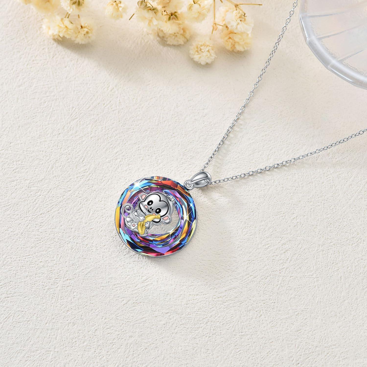wholesale 925 Sterling Silver Rainbow Crystal Monkey Pendant Necklace for Women-0-2