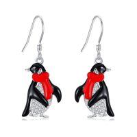 wholesale 925 Sterling Silver Black Penguin Red Scarf Enamel Zircon Drop Earrings-Penguin