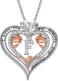 wholesale Sterling Silver Rose Pendant Necklace A Z Initial Letter Heart Jewelry for Women Valentine Mother s Day Birthday Gifts for Her-Letter F