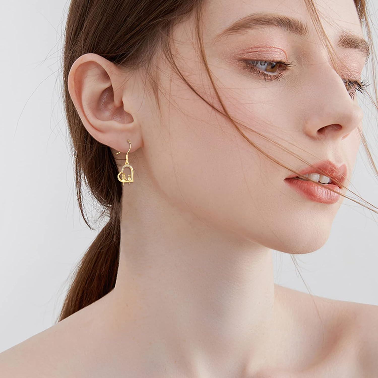 14K Gold Cat Drop Earrings for Women Real 14K Yellow Gold Dangle Jewelry Birthday Gifts for Her-0-1