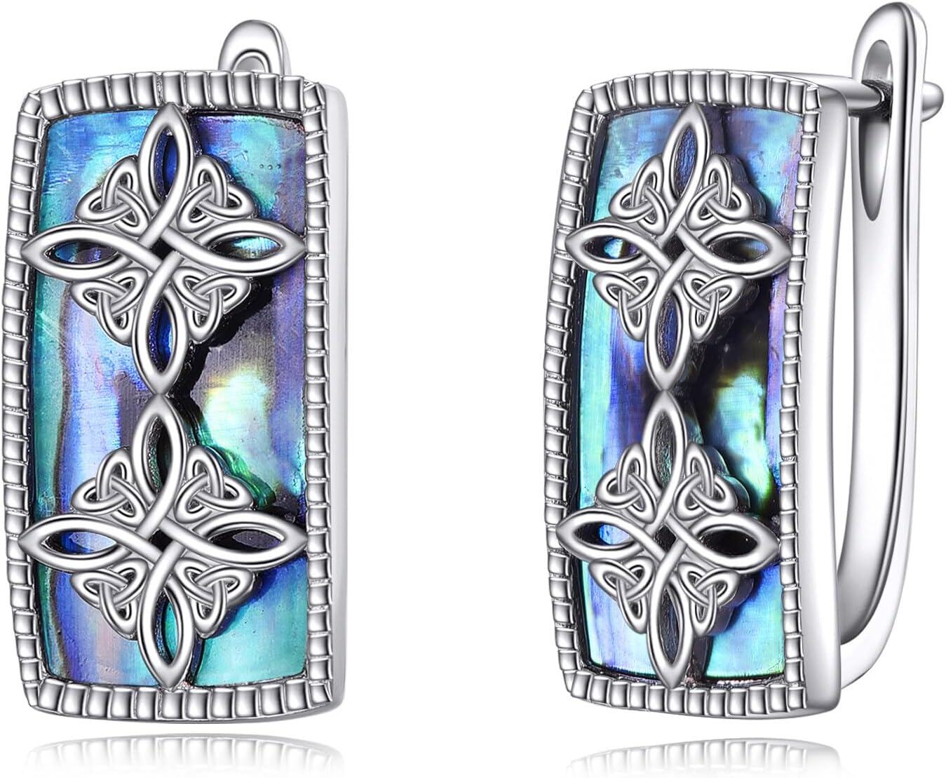 Sterling Silver Abalone Celtic Dragonfly Filigree Paw Print Hoop Earrings-Celtic