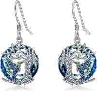 wholesale Sterling Silver Blue Crystal Tree of Life Animal Earrings (Cardinal Owl Fox Snake Sloth Giraffe) Dangle Jewelry Gift for Women-Hummingbird