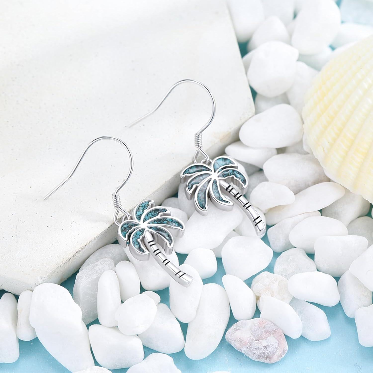 wholesale 925 Sterling Silver Palm Tree Turquoise Stone Hook Earring Beach Jewelry-0-1