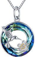 wholesale 925 Sterling Silver Blue Crystal Hummingbird Flower Pendant Necklace for Women-0-0