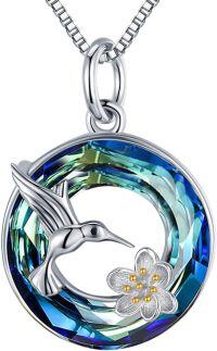 wholesale 925 Sterling Silver Blue Crystal Hummingbird Flower Pendant Necklace for Women-D-0.78\" Blue Crystal