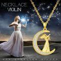 wholesale 925 Sterling Silver Pendant Necklace Gold Plated Crescent Moon Girl Playing Cello Cubic Zirconia-0-5