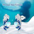 wholesale 925 Sterling Silver Mermaid Heart Stud Earrings with Blue Enamel Tail and Opalite Stone Centerpiece-0-4