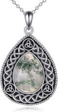 wholesale 925 Sterling Silver Oval Shape Green Moss Agate and White Moonstone with Black Lapis Lazuli Celtic Knot Teardrop Pendant Necklace-0-0