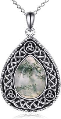 wholesale 925 Sterling Silver Oval Shape Green Moss Agate and White Moonstone with Black Lapis Lazuli Celtic Knot Teardrop Pendant Necklace-Moss agate necklace