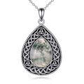 wholesale 925 Sterling Silver Oval Shape Green Moss Agate and White Moonstone with Black Lapis Lazuli Celtic Knot Teardrop Pendant Necklace-0-0