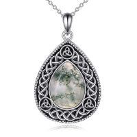wholesale 925 Sterling Silver Oval Shape Green Moss Agate and White Moonstone with Black Lapis Lazuli Celtic Knot Teardrop Pendant Necklace-Moss agate necklace