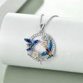 wholesale 925 Sterling Silver Enamel Hummingbirds Moon Flower Pendant Necklaces Gifts for Women Girls-0-2