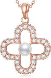 wholesale Rose Gold 925 Sterling Silver Four-Leaf Clover Necklace with Pearls and Cubic Zirconia-Pearl