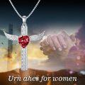 wholesale TOUPOP Cremation Jewelry Cross Urn Necklaces For Ashes For Women S925 Sterling Silver Wing Cross Memorial Keepsake Urn Pendant With Ruby Heart Crystal Engraved Forever In My Heart -0-5