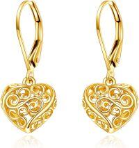 wholesale 14K Gold Heart Filigree Drop Earrings with Leverbacks - Elegant Fine  for Women-Heart Filigree Leverback Earrings