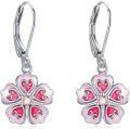 wholesale 925 Sterling Silver Pink Enamel Cherry Blossom Heart Drop Earrings 4cm Long-0-0