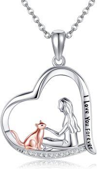 wholesale 925 Sterling Silver Heart-Shaped Mermaid and Cat Pendant Necklace with I Love You Forever Inscription - Cute  for Women-Cat and women