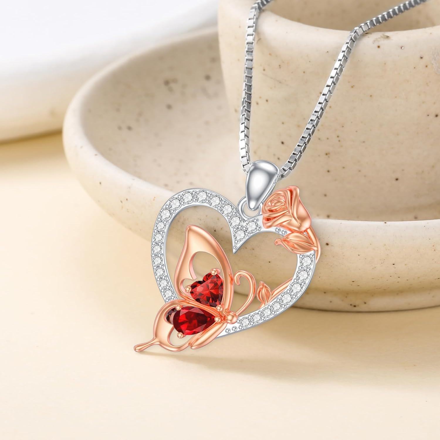  Sterling Silver Zircon Butterfly Heart Necklace for Women Birthday Gift -0-2