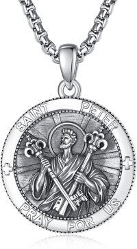wholesale Sterling Silver Patron Saint Medal Amulet Necklace for Men 2 5mm 22 +2 Chain-A38-Saint Peter