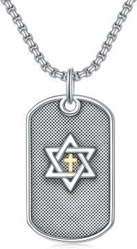 wholesale 925 Sterling Silver Dog Tag with Gold Cross and Star of David Pendant Necklace  for Men & Women-C01-Dogtag Star of David