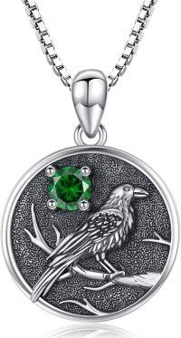 wholesale Silver Synthetic Stone Raven Pendant Crow Round Necklace Gift for Women-May - Emerald