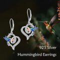 wholesale 925 Sterling Silver Hummingbird Heart Shape Drop Earrings with Cubic Zirconia and Enamel Accents for Women-0-5
